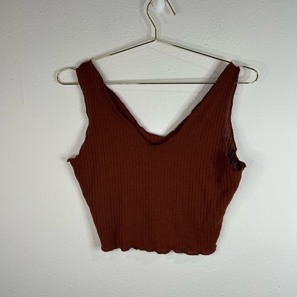 Tops - Brown Ribbed Knit Cropped Tank Top | V-Neck Stretch Sleeveless Shirt